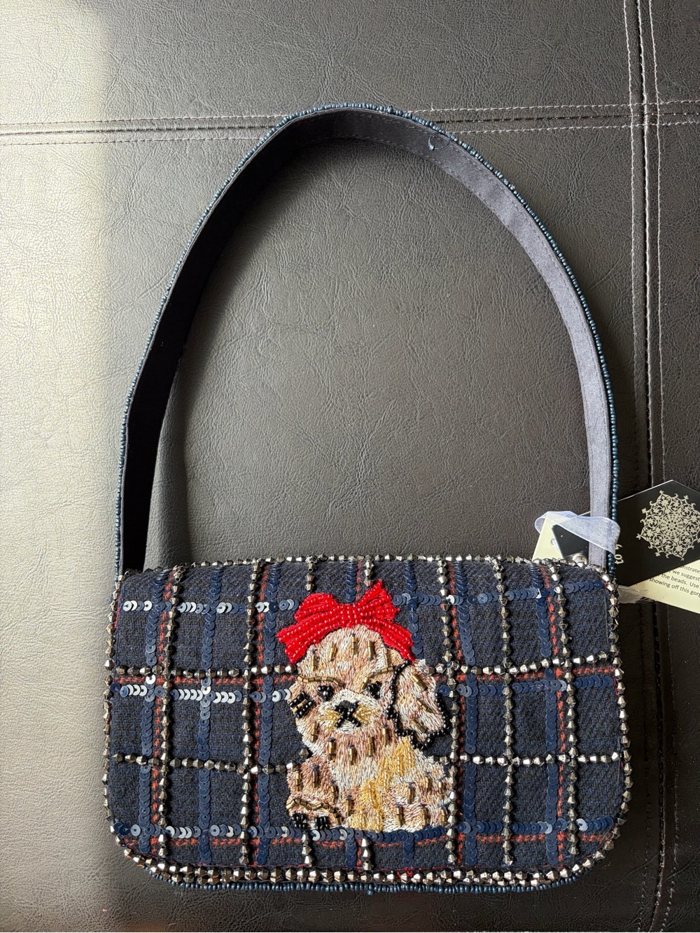 NWT viral TikTok NavySequin Shoulder Bag clutch with Puppy yorkie Embroidery